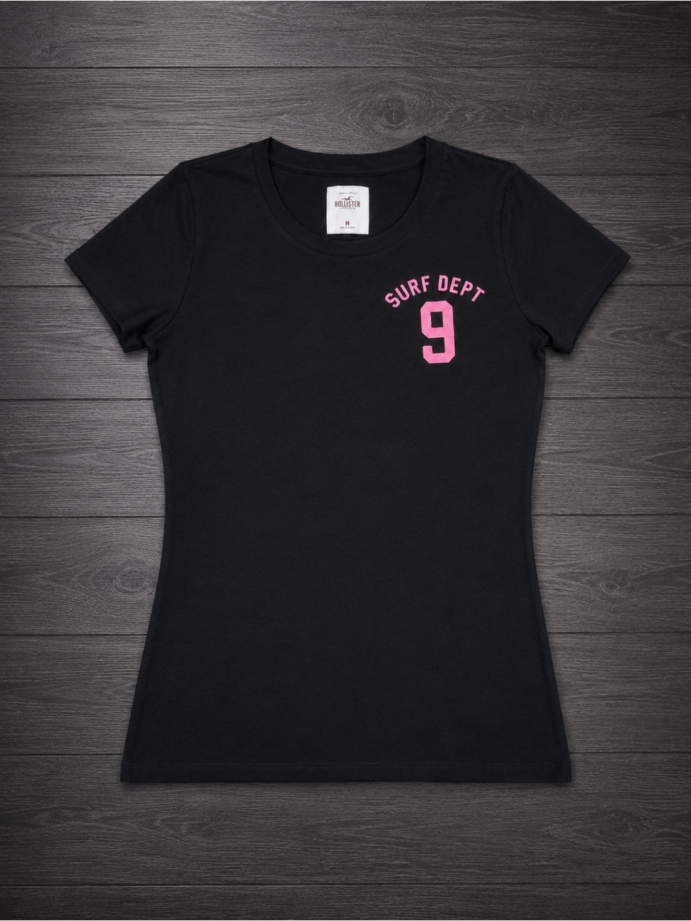Hollister Black Short Sleeve Tee with Pink "Surf Dept 9" Logo